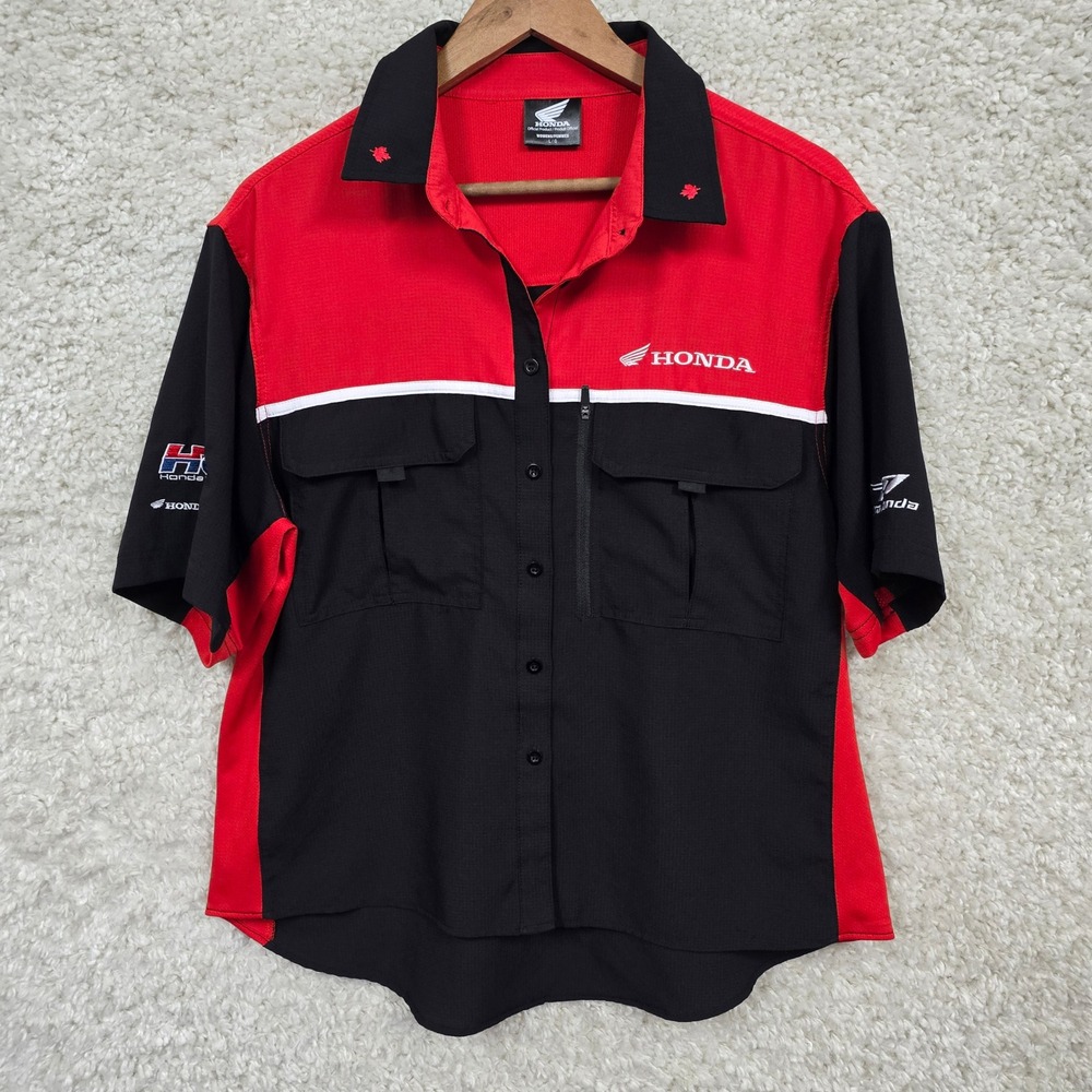 Honda Racing HRC Shirt Womens Large Red Black Ripstop Embroidered Pit Crew Shirt